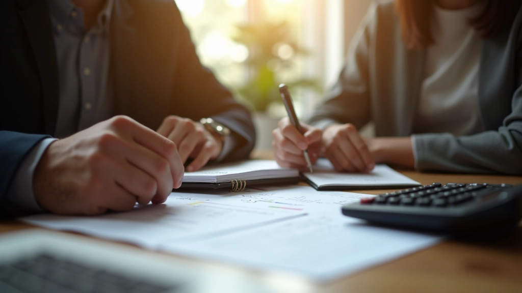 Du žmonės prie stalo, kalbantys apie finansus