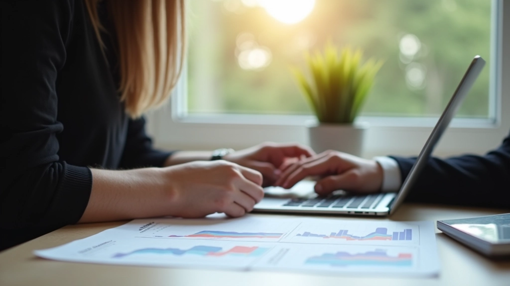 Moterį sėdinti prie stalo su nešiojamu kompiuteriu, žemėlapiu ir finansinėmis ataskaitomis, planuojanti investicijas